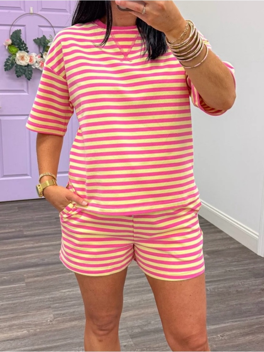 Striped Short Sleeve Lounge Set - Pink & Butter Yellow